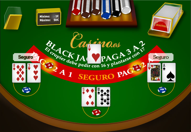 Dos jugadores hacen la apuesta de seguro en una mesa de blackjack europeo