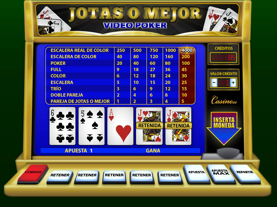 Máquina de videopoker con dos cartas retenidas en la pantalla