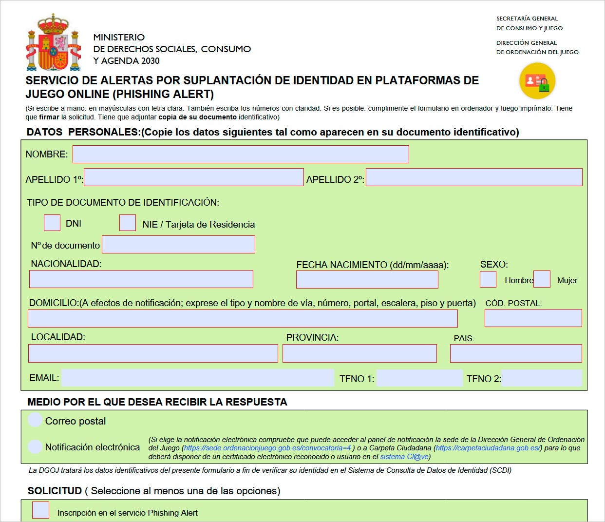 Formulario para la inscripción al servicio Phishing Alert de forma presencial