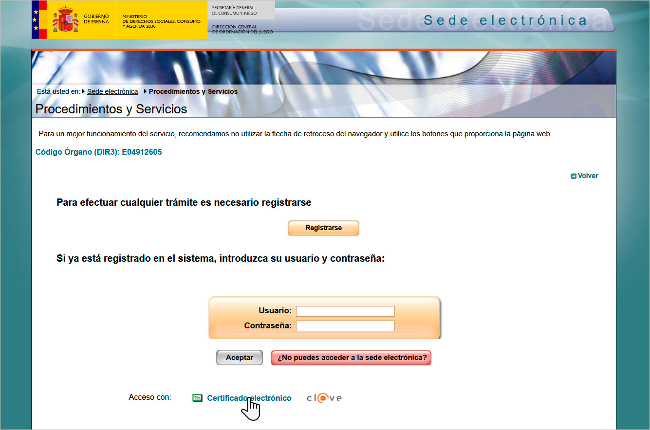Iniciar sesión en la sede electrónica de la DGOJ