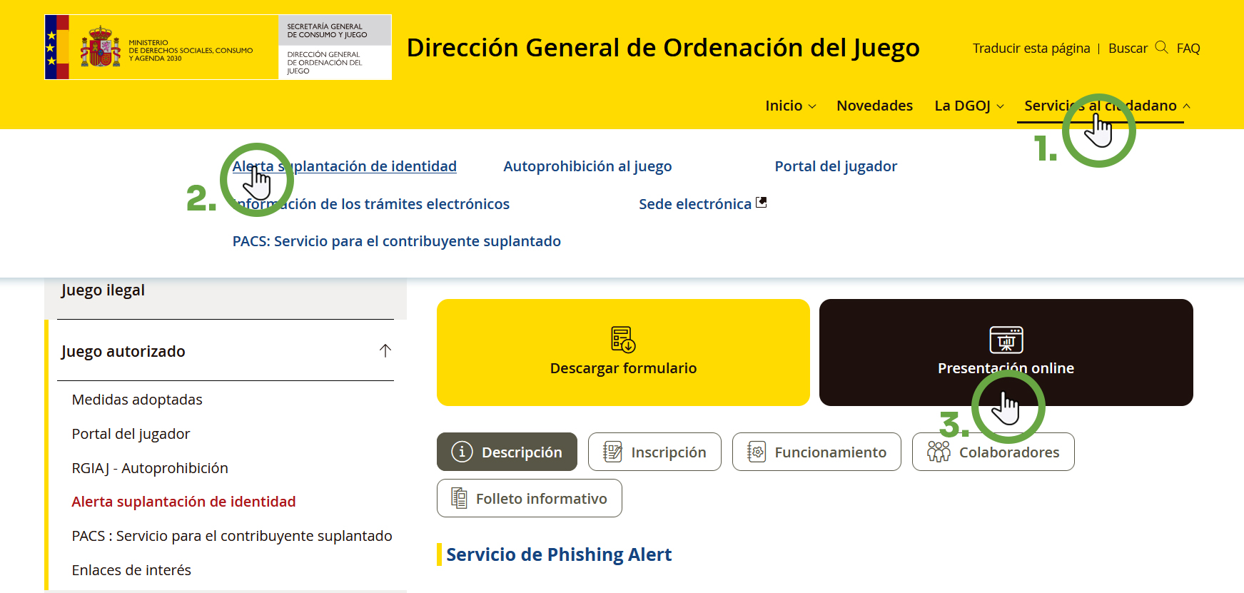 Acceso para hacer online la inscripción al servicio Phishing Alert
