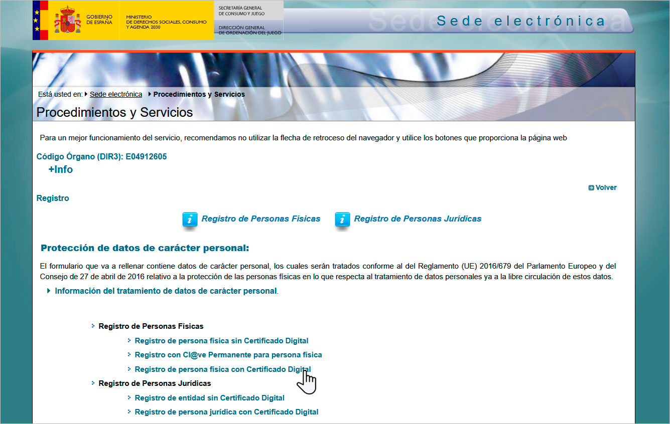 Seleccionar opción de registro en la sede electrónica de la DGOJ con certificado digital